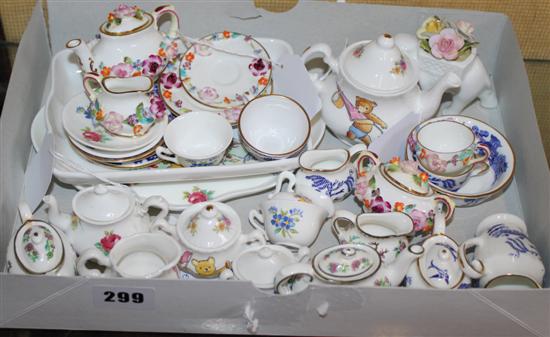 Collection of miniature tea wares, inc Coalport, Staffordshire, etc & a Coalport posy elephant